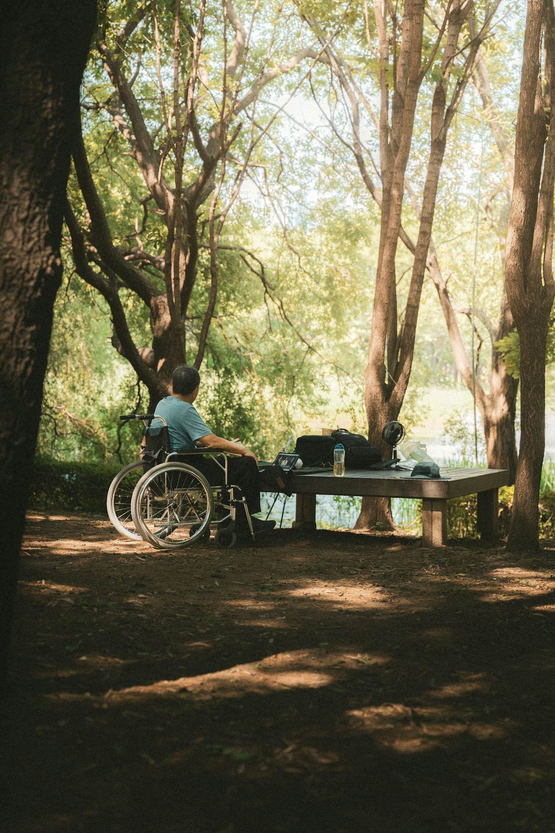 A man using a wheelchair works from a laptop outdoors under trees beside a lake